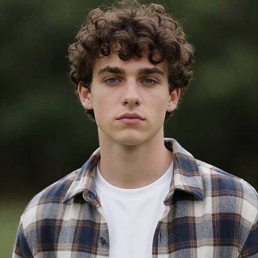 Young Man with Curly Hair in Plaid Shirt