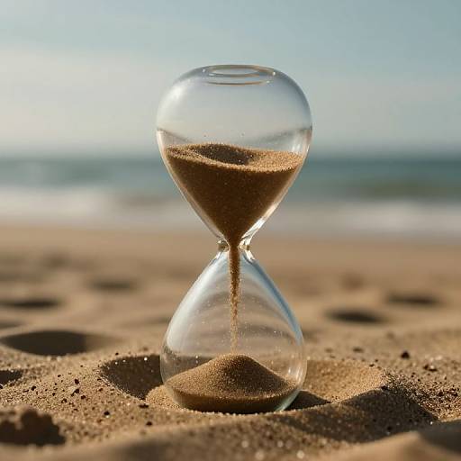 Photograph of a clear glass hourglass with sand trickling, placed on a sandy beach with the ocean and sky blurred in the background.