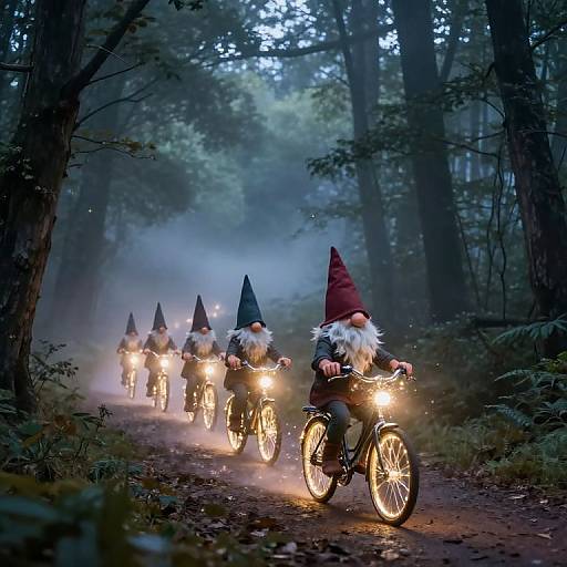 Enchanted Gnomes Cycling Through Mist