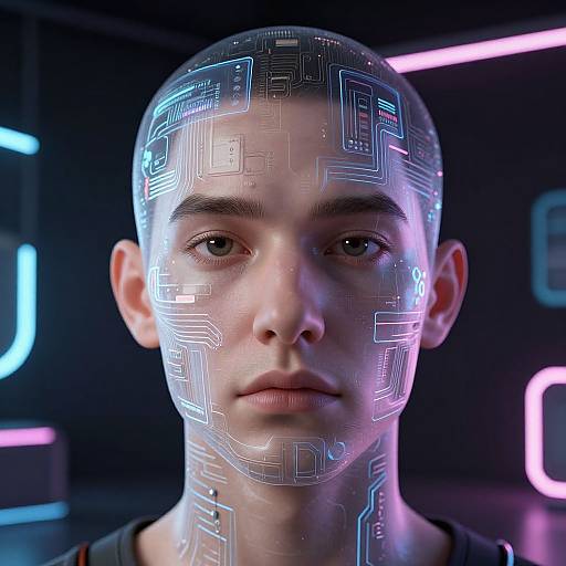 Photorealistic CGI of a bald, young person with glowing, circuit-like patterns on their face, set against a dark, neon-lit background.
