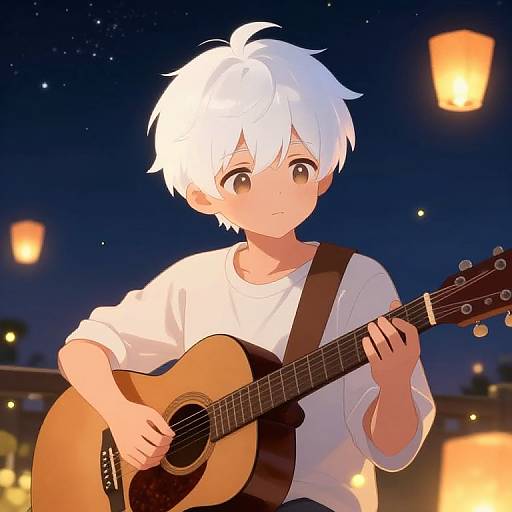 Anime-style digital illustration of a white-haired boy with large brown eyes, wearing a white shirt, playing an acoustic guitar at night. Background features glowing lantern