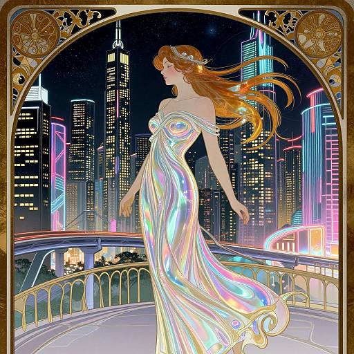 Digital art: Elegant redhead woman in iridescent, off-shoulder gown floats on rooftop balcony against neon-lit, futuristic city skyline. Art