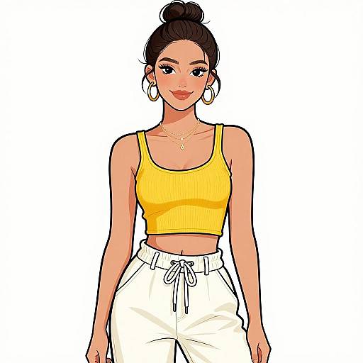 Digital illustration of a smiling young woman with dark hair in a bun, wearing a yellow crop top and white high-waisted pants, large hoop earrings