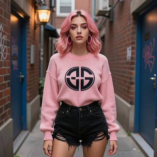 Young woman with pink hair in urban alley