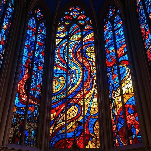 Vibrant stained glass window with swirling red, blue, and yellow patterns, set in tall Gothic arches, inside a cathedral.