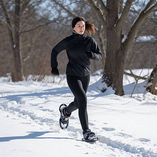 Photograph of a woman with dark hair, wearing a black jacket, black pants, gloves, and running shoes, running through a snowy forest. Bare