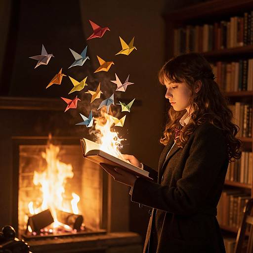 Photograph of a young woman with wavy brown hair, wearing a dark blazer, standing by a roaring fireplace, conjuring colorful paper kites