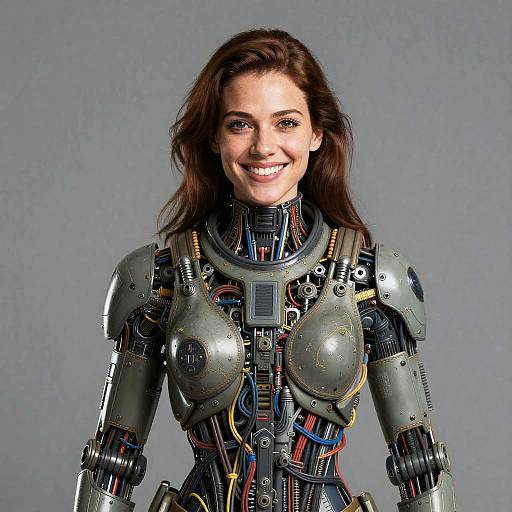 Photorealistic CGI of a smiling woman with long brown hair in a futuristic, metallic, cybernetic armor with colorful wires and circuitry.