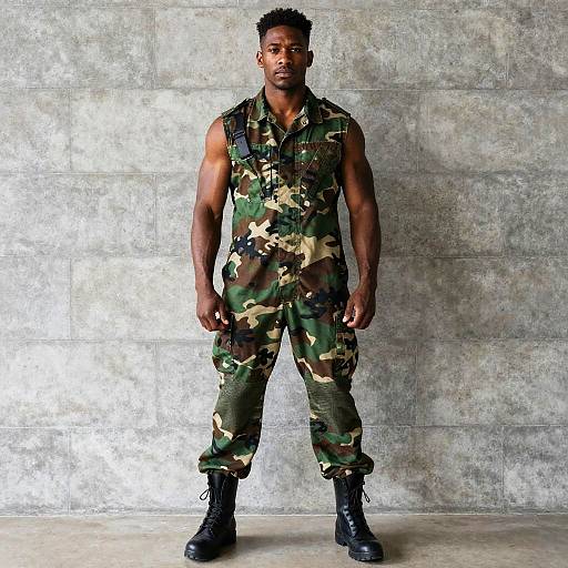 Photograph of a muscular Black man with short curly hair, wearing a camouflage military-style sleeveless jumpsuit and black boots, standing against a textured concrete