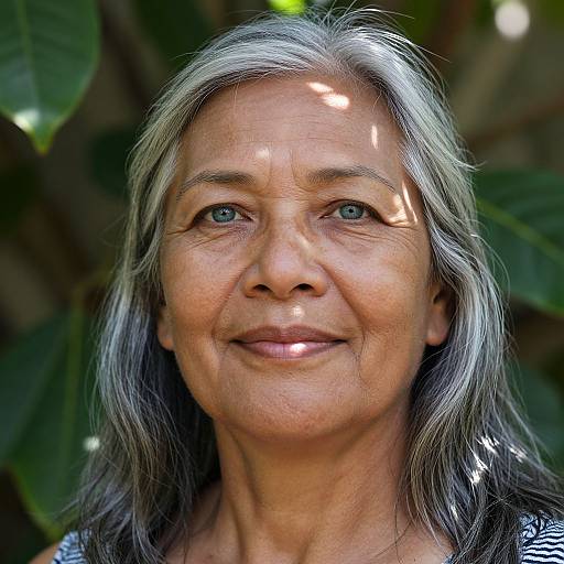 Photograph of a smiling, elderly woman with long, gray hair, blue eyes, and tanned skin, standing against a leafy green background.