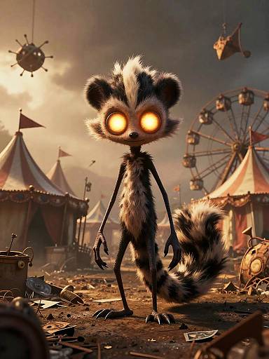 CGI image of a creepy, glowing-eyed, black-and-white-furred, stick-legged raccoon standing in a dark, chaotic carnival with a Ferr