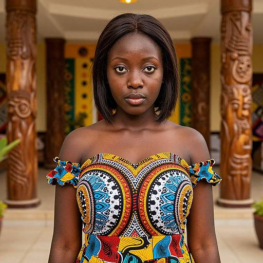 Photograph of a young African woman with dark skin and straight black hair, wearing an off-shoulder, colorful, patterned dress, standing in