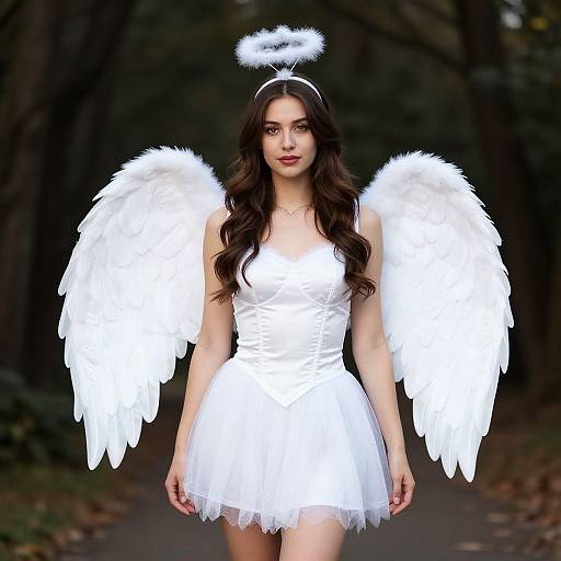 Photograph of a young woman with long, wavy brown hair, wearing a white angel dress, halo headband, and large white feathered wings