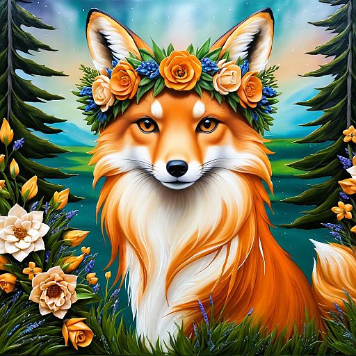 Surreal Renaissance Fox with Flower Crown Surreal Renaissance Fox with Flower Crown