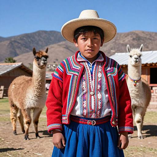 Photograph of a young boy in traditional Andean attire with a straw hat, red embroidered jacket, and blue skirt, standing in front of two ll