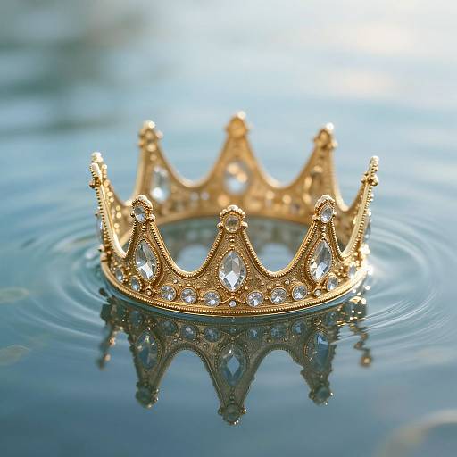 Photograph of a gold crown with diamond-like jewels floating on calm, reflective blue water, creating a shimmering mirror effect.