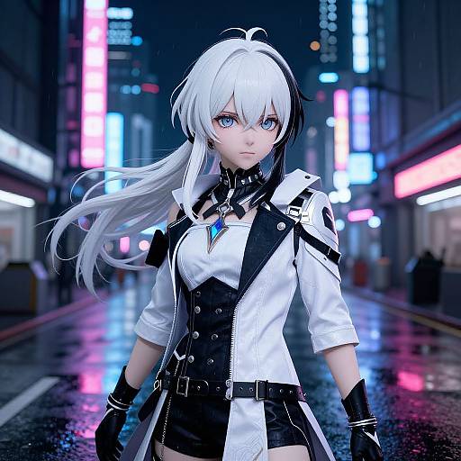 Digital anime-style image of a white-haired, blue-eyed woman in a futuristic black-and-white outfit, standing confidently in a neon-lit, rain-so