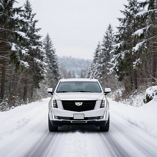 Cadillac Escalade on Snowy Forest Road