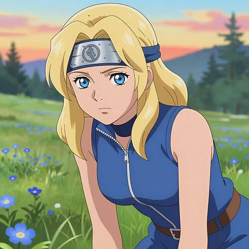 Digital anime-style drawing of a blonde, blue-eyed woman with a headband, wearing a blue sleeveless ninja outfit, leaning forward in a grassy