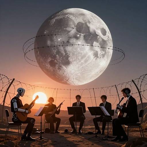 Photograph of five musicians in suits, including a robot, playing instruments under a large full moon, surrounded by barbed wire at sunset.