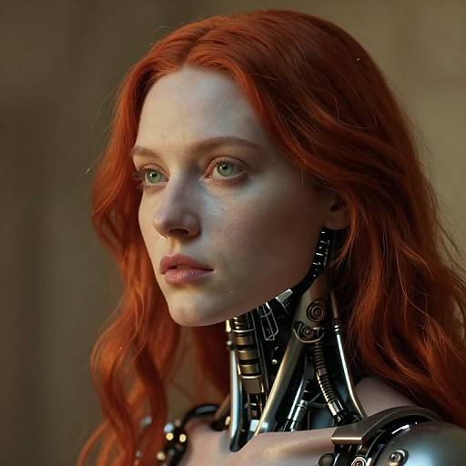 Photorealistic CGI of a pale-skinned, red-haired woman with green eyes and cybernetic neck, looking serious against a blurred background.
