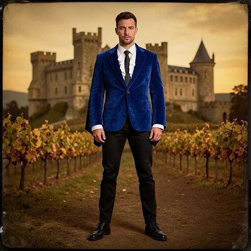 Regal Man in Velvet Cape at Sunset