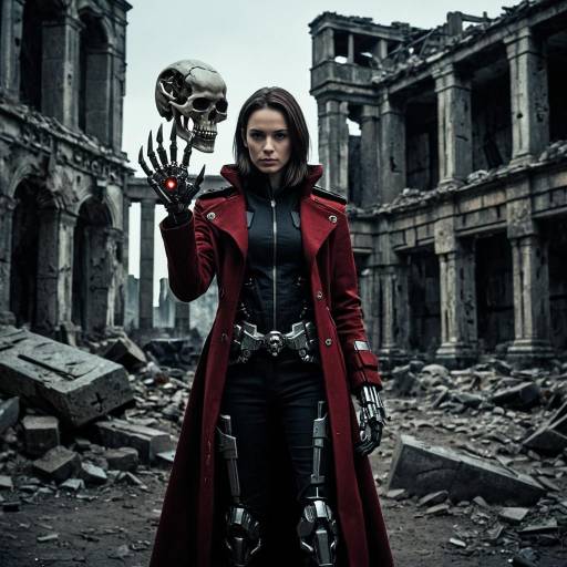 Futuristic Woman with Mechanical Skull in Ruins