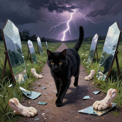 Digital artwork of a black cat with glowing yellow eyes walking down a dirt path, surrounded by shattered mirrors, under a stormy sky with a bright lightning