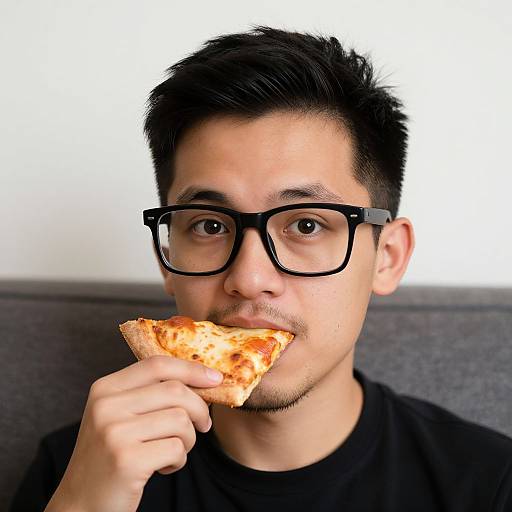 Young man with short black hair, black glasses, and black shirt, eating pizza slice, white background, gray cushion behind him.