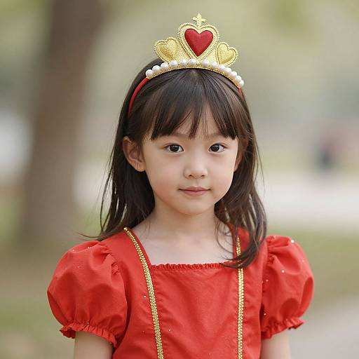 Photograph of an Asian girl with straight black hair, wearing a red dress, gold chain, and a gold heart-shaped tiara with white pearls,
