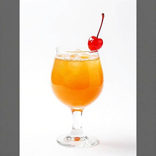 Photograph of a bright orange, bubbly cocktail in a glass, garnished with a red cherry on a white background.