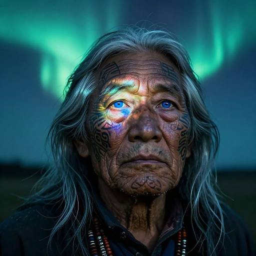 Photograph of an elderly Native American man with long gray hair, glowing blue and yellow eye, tribal tattoos, and green aurora backdrop.
