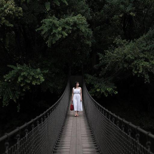 Woman in White Dress on Suspended Bridge