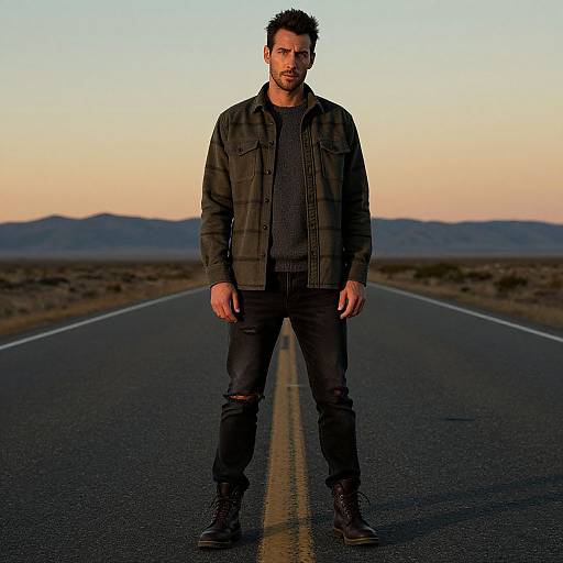 Photograph of a bearded man with short, spiky hair, wearing a black jacket, dark sweater, ripped jeans, and boots, standing on