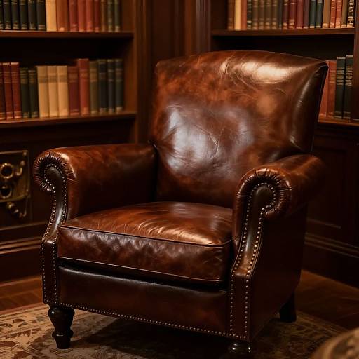 Photograph of a rich, brown leather armchair with brass nailhead trim, set in a dimly lit, wooden-paneled library filled with tall