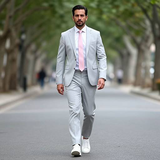 Photograph of a bearded man in a light gray suit, pink shirt, and white sneakers walking down a tree-lined urban street.