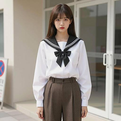 Young Woman in Schoolgirl Costume Outdoors