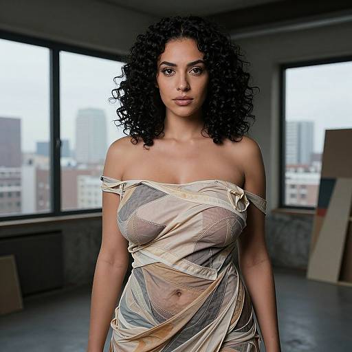 Photograph of a curvy, light-skinned woman with curly black hair, wearing a sheer, off-shoulder, beige dress with intricate patterns