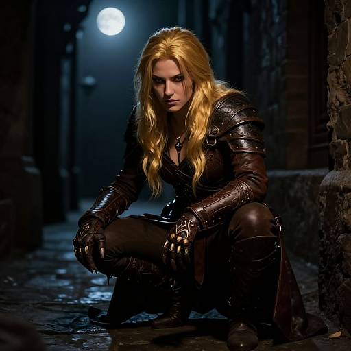 Photograph of a blonde woman with long hair, in dark leather armor, crouching in a dimly lit, moonlit alleyway.