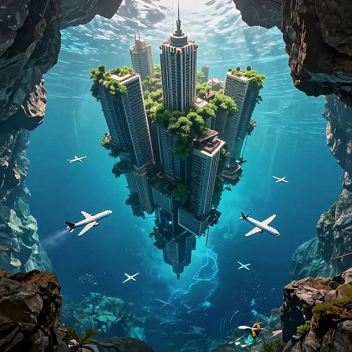 Digital art: Futuristic floating city with skyscrapers, green roofs, surrounded by blue water, viewed through rocky opening; white airplanes fly nearby.
