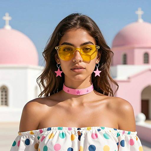 Young Woman in Yellow Sunglasses and Polka Dot Top