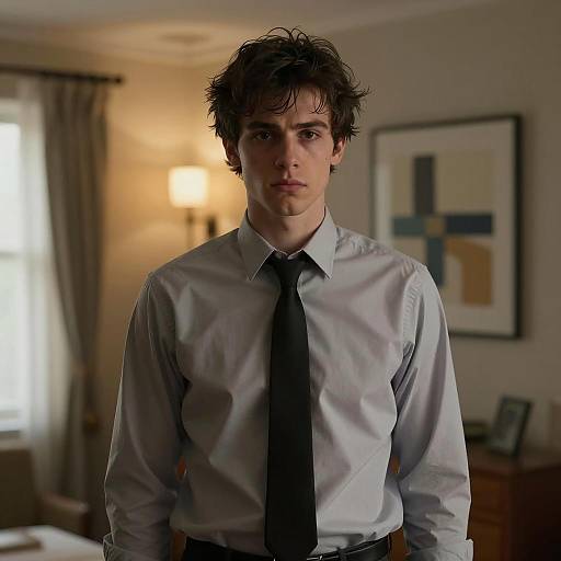 Young Man in Gray Shirt and Black Tie