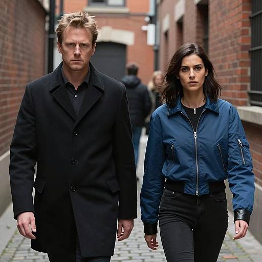 Serious Man and Woman Walking in Urban Alley
