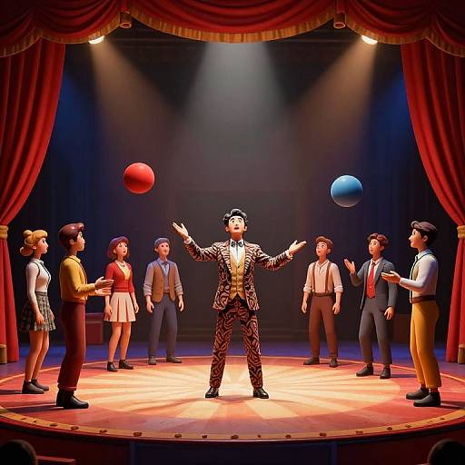 Photograph of a stage show with a central male magician in zebra suit, arms outstretched, surrounded by six diverse performers, red and blue