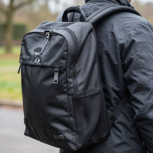 Photograph of a person wearing a black, textured backpack with mesh pockets and black jacket, standing outdoors with blurred trees in the background.