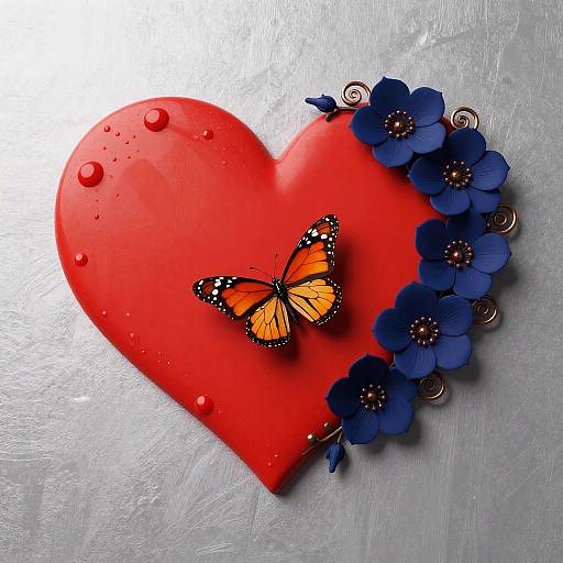 Red Heart with Navy Flowers and Butterfly