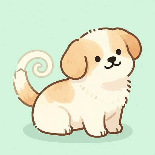 Cute digital drawing of a small, cream-colored puppy with a curly tail, smiling black eyes, and brown ear tips, set against a light blue