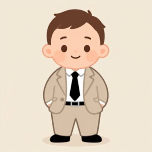 Cartoon-style drawing of a smiling, light-skinned man with brown hair, wearing a beige suit, white shirt, black tie, and black shoes