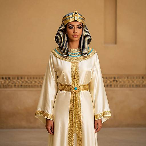Photograph of a young woman with dark skin, wearing an ancient Egyptian-style white robe, striped headdress, and gold and turquoise jewelry, standing against