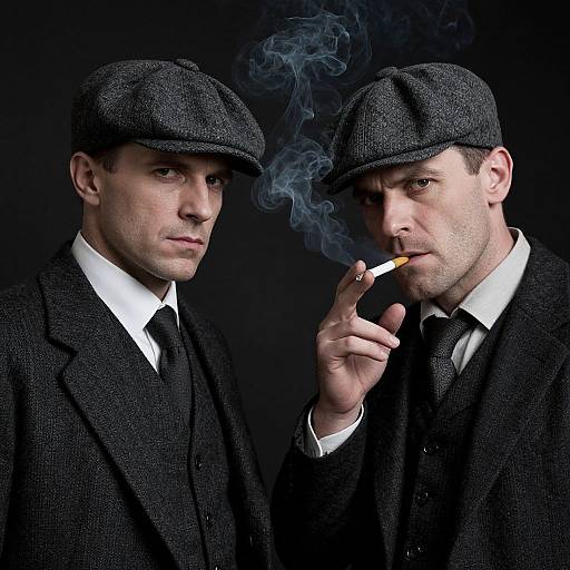 Photograph of two white men in black flat caps and suits, one smoking a cigarette with blue smoke, against a dark background.